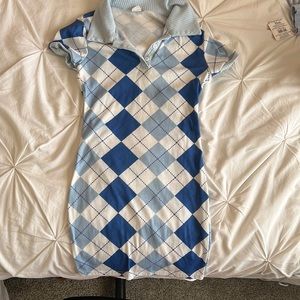 blue and white patterned dress